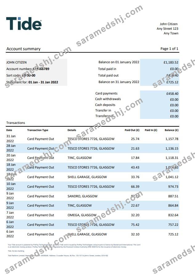 United Kingdom Tide bank statement, Excel and PDF template